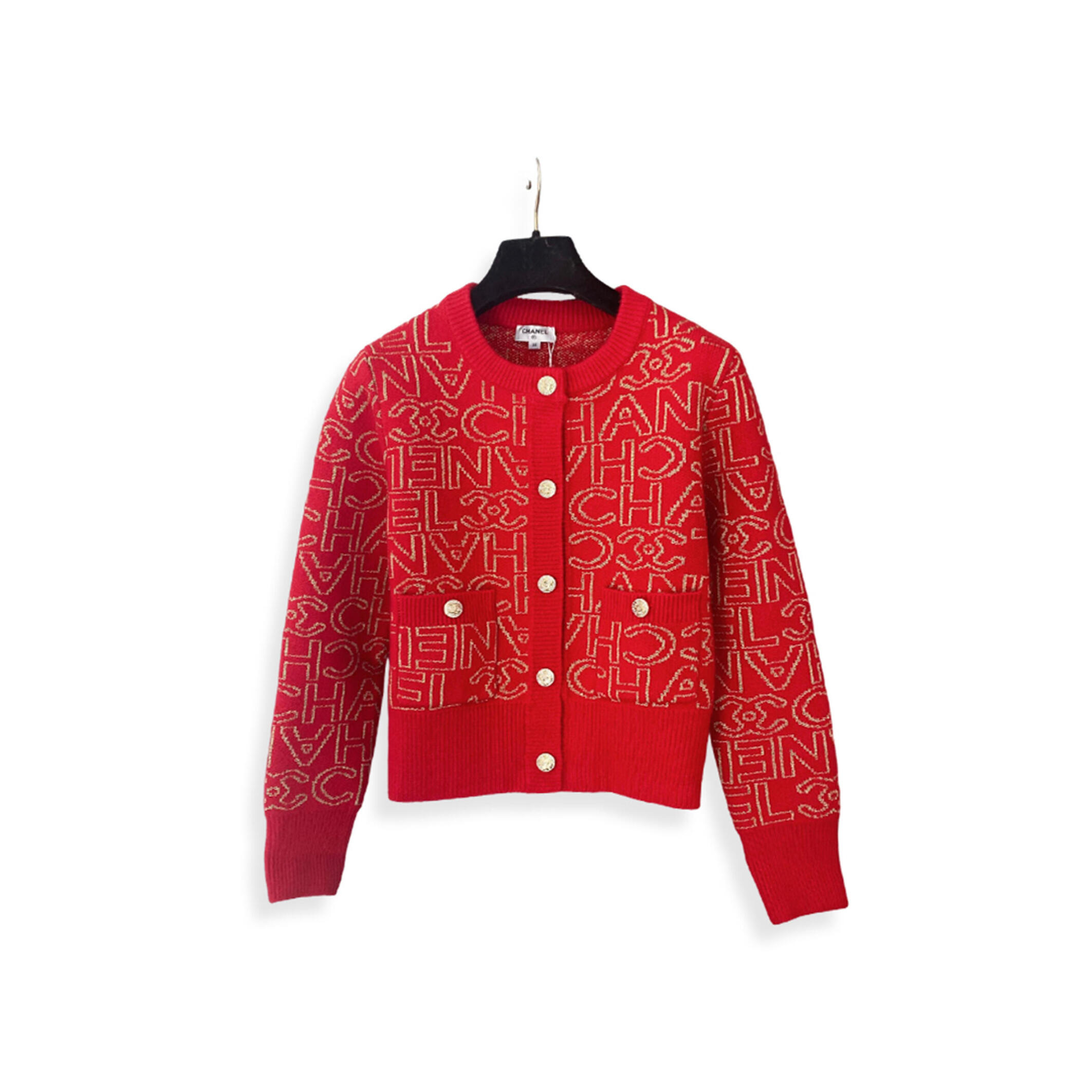 Ch**el letter jacquard crew neck knit cardigan